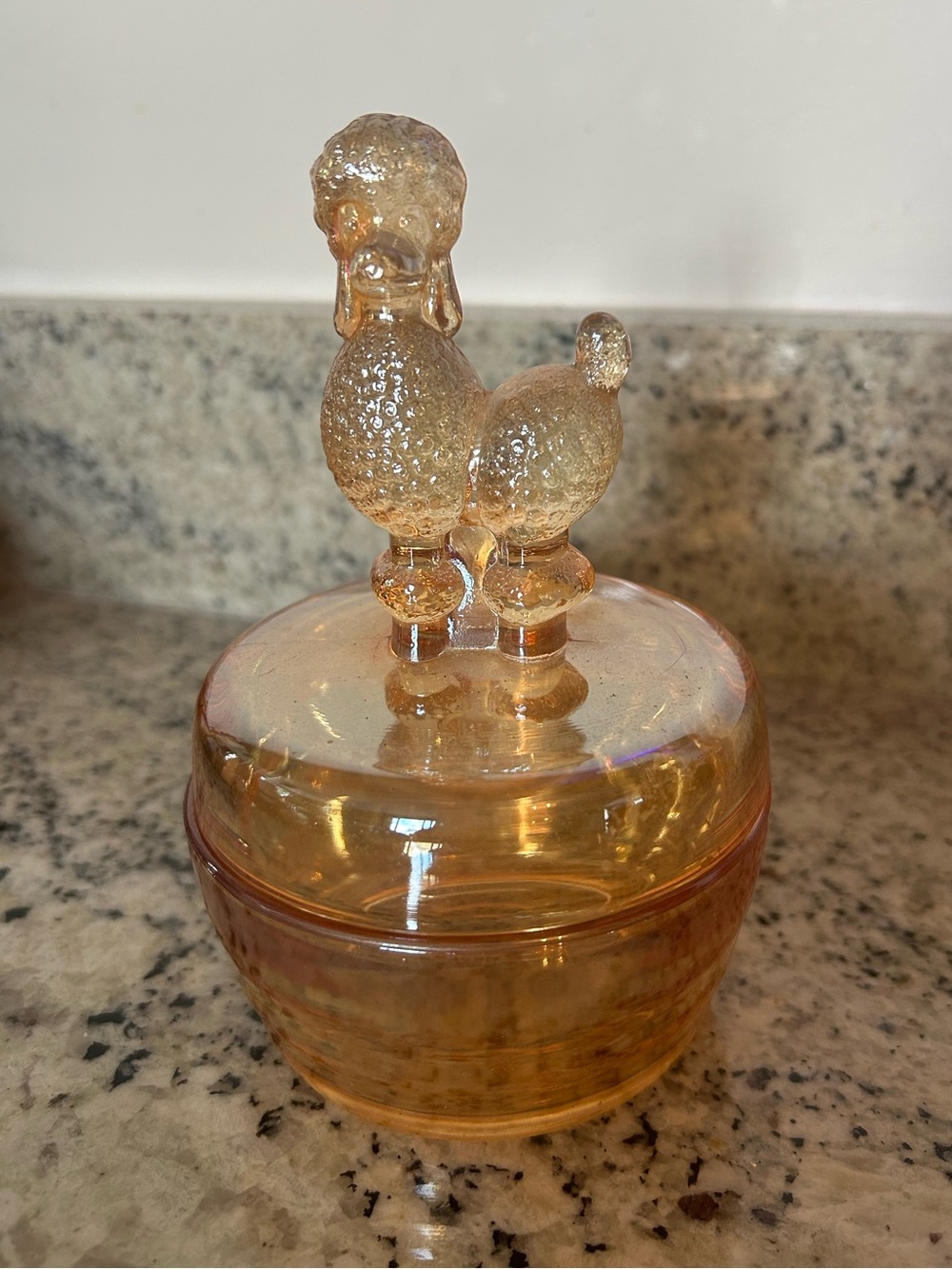 Vintage Jeanette Marigold Amber Glass Poodle Trinket Box - Decorative Home Art